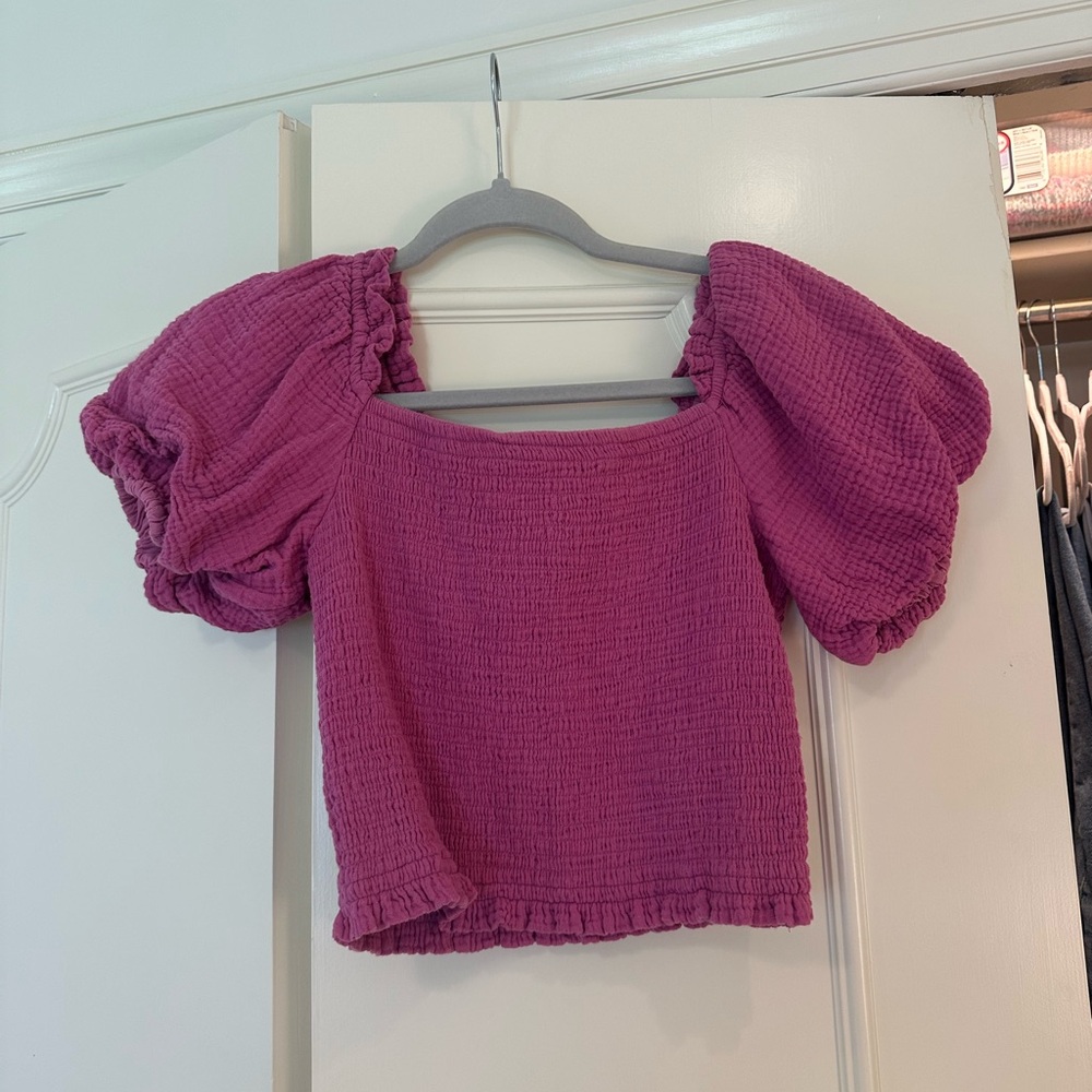 Pink Puff Sleeve Smocked Blouse